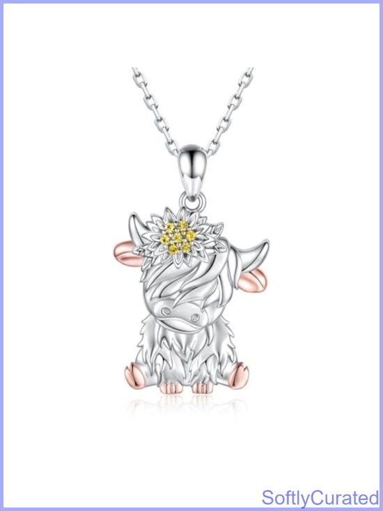 Jewelry - Sterling Silver Highland Cow Necklace CZ Sunflower Pendant 18+2in Adjustable